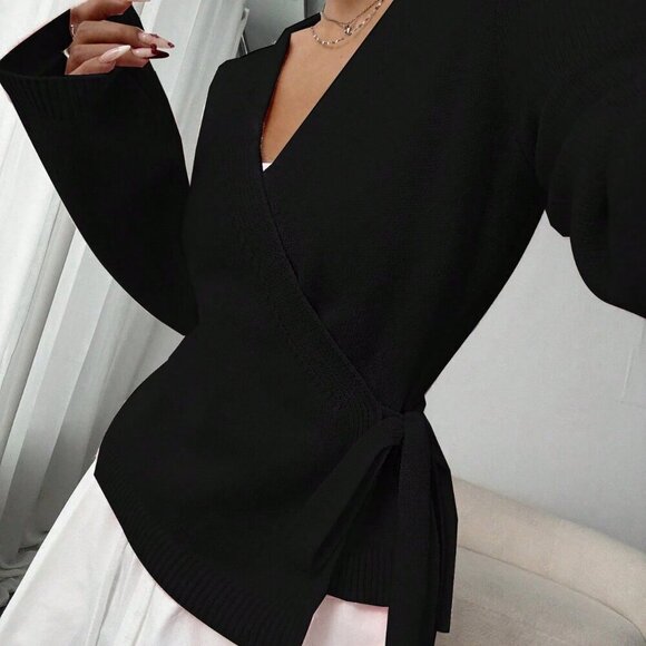 Black Casual Women's Lace-Up Loose Versatile knit Cardigan - Picture 1 of 8